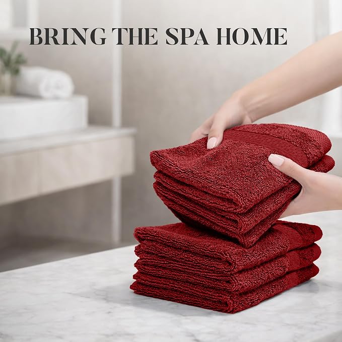 RIVERSIDE 12-Pack Premium 100% Cotton Red Face Towels for Bathroom [12x12] - Reusable Luxury Face Wash Cloths for Showering - 550 GSM Super Soft & Absorbent Washcloths for Body, Spa & Gym