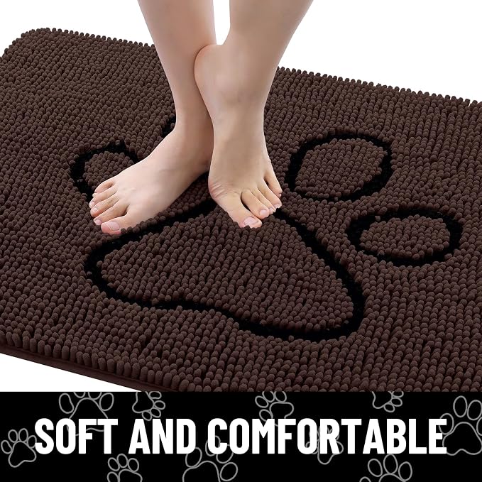 Smiry Dog Door Mat for Muddy Paws, Absorbent Dirt Trapper Non Slip Quick Dry Washable Chenille Mat for Mud Dogs, Entry Rug for Indoor and Outdoor (47x24 Inches, Brown and Black)