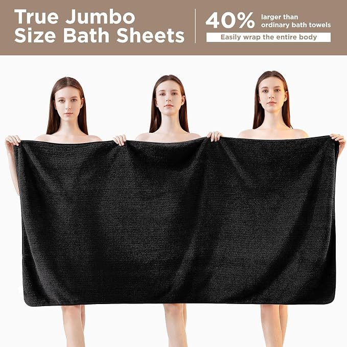 Oversized Bath Towels 8 Piece Towel Set, 2 Extra Large Bath Sheets, 2 Hand, 4 Washcloths, Luxury Soft Super Absorbent Thick Shower Towels for Bathroom, Spa & Hotel, Quick Dry, Black