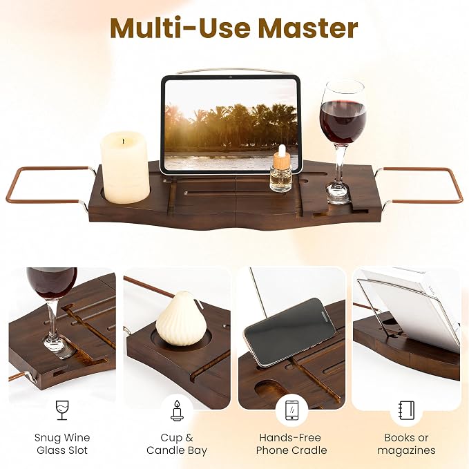 Dream Dark Walnut Teak Expandable Bathtub Caddy Tray | Dark walnut stained teak, expandable, gift-ready, wine book storage for deep tubs