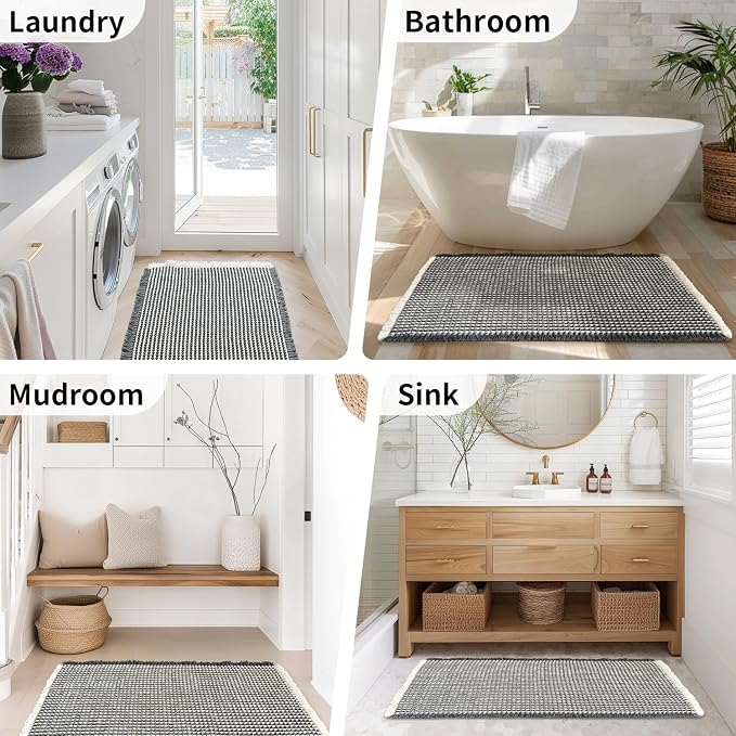 Waffle Bath Mat - Boho Bathroom Rugs Non Slip Washable, Super Absorbent & Quick Dry, Soft Bath Mat Farmhouse Bathroom Decor, 20'' x 32'', Dark Grey and White
