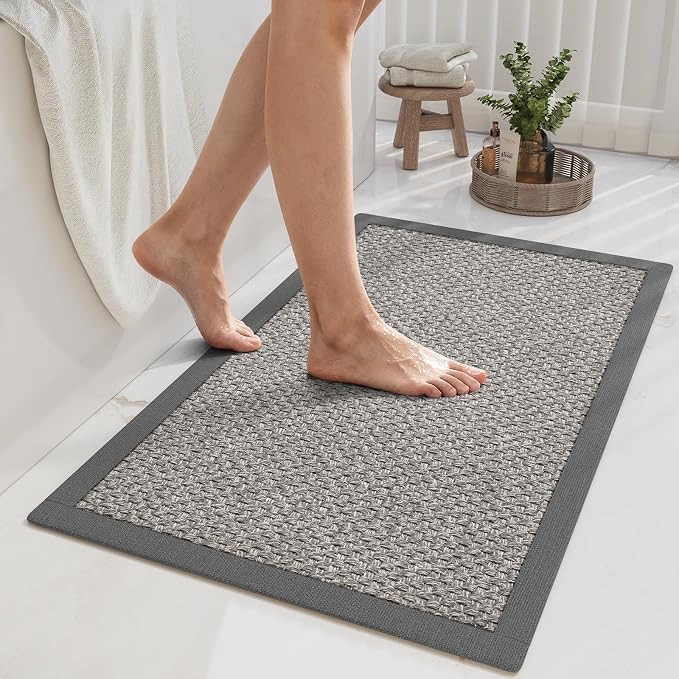 YDKGL Non Slip Bath Mat Bathroom Rugs, Soft Jute-Like Ultra Thin Bath Mats, Rubber Backing Super Absorbent Quick Dry Bath Rug Shower Mat Fit Under Door Bathroom Floor, Machine Washable, Gray 16" x 24"