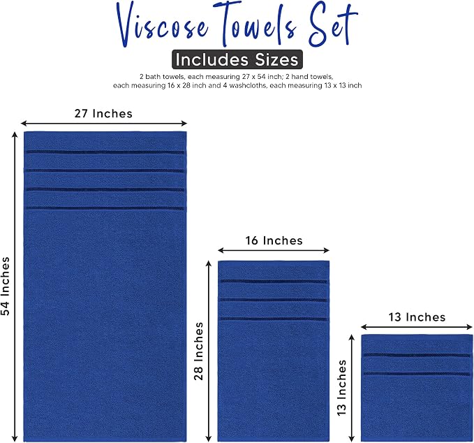 Luxury Towels for Bathroom Set of 8-2 Bath Towels 2 Hand Towels 4 Washcloths - 600 GSM 100% Cotton Ring Spun Viscose Border Towels Set - Royal Blue