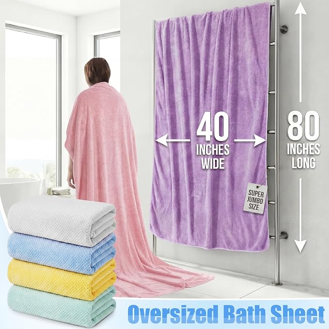 Newwiee 6 Pcs Oversized Bath Towels 40 x 80 Inches Extra Large Jumbo Bath Sheets Beach Towels for Adults Soft Quick Dry Highly Absorbent Microfiber Shower Towel with Hanging Loop(Pastel Color)