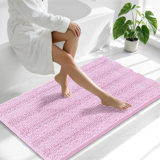 Smiry Thick Chenille Bathroom Runner Rugs 44x24, Extra Absorbent Striped Bath Mat, Machine Washable, Rubber Backing, Long Bath Rugs for Bathroom, Tub & Shower, Home Decor Accessories, Pink