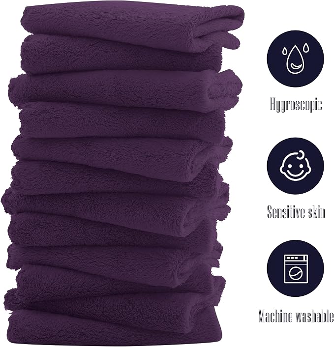 16 Pack Baby Washcloths - Luxury Coral Fleece - Extra Absorbent and Soft Wash Clothes for Newborns, Infants and Toddlers - Suitable for Sensitive Skin and New Born - Baby Shower - Plum, 10x10 Inch