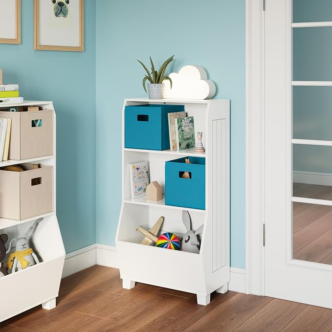 RiverRidge Kids Bookshelf with Veggie Storage Bin and 2 Open Shelves - Kids Storage Organizer, Toy Shelf & Book Shelf with Deep Veggie Bin and Top Toy Display Area