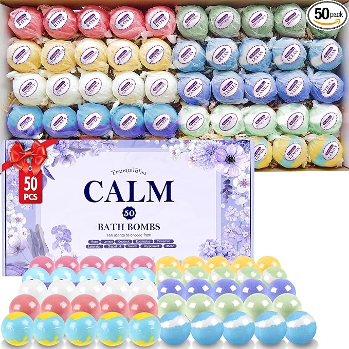TranquilBliss Bath Bombs for Women, 50 PCS Set with 10 Rich Scents, Natural Bubble Bathbombs, Dry Skin Moisturizing, Present for Christmas, Mother’s Day, Birthday, for Mom, Wife, Her, Girls