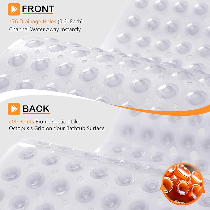 Yimobra Non Slip Bathtub Mat 40 x 16 Inch, Extra Long Shower Mat with Drain Holes, Machine Washable Baby Bath Mats, Strong Suction Cups for Bathroom Floor, Clear