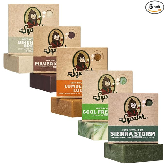 Dr. Squatch Natural Men’s Bar Soap - Cold Process Body Soap Bar with Natural Oils - Gifts for Men - Lumberjack Lodge, Cool Fresh Aloe, Birchwood Breeze, Maverick Musk & Sierra Storm (5 oz, 5-Pack)