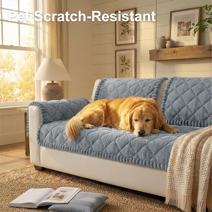 Smiry Couch Cover for Dogs, Non Slip Washable Pet Sofa Protector for Large Dogs, Cats, Fuzzy Plush Sofa Covers for 3 Cushion Couch, Against Fur, Dirt & Scratch Resistant, Grey, 27.6"×95"