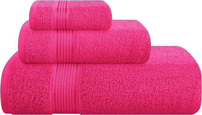 Belizzi Home Ultra Soft 3 Pack Cotton Towel Set, Contains a Bath Towel 28x55 inch, a Hand Towel 16x24 inch & a Wash Coth 12x12 inch, Ideal Everyday use, Compact & Lightweight - Hot Pink