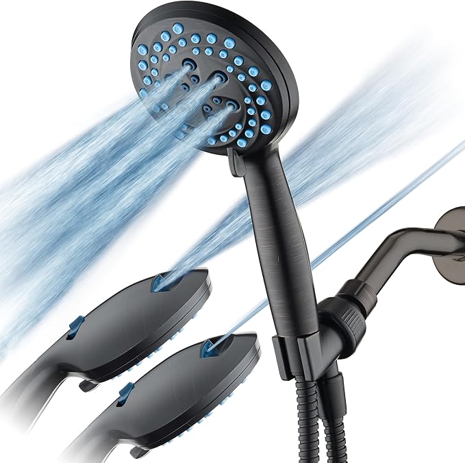 AquaCare Seen-On-TV High Pressure 8-mode Handheld Shower Head - 2-mode Power Wash to Clean Tub, Tile & Pets, Stay-Clean Nozzles, Extra Long 6 ft. Stainless Steel Hose, Wall & Overhead Brackets,Bronze
