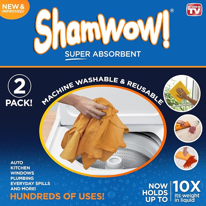 ShamWow 2pk (20"x27") Shammy Super Absorbent Multi-Purpose Home Cleaning, Chamois Towel for Cars, Lint-Free, Streak-Free & Scratch-Free, Holds 10x Its Weight, Machine Washable, Orange