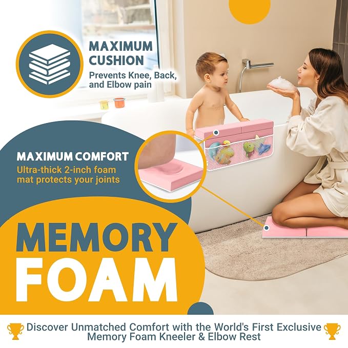 Memory Foam Bath Kneeler and Elbow Rest Pad Set, 2-Inch Thick | Water-Resistant, Anti Slip Bottom , 8 suction cups, Carry Bag , Great Baby Gift