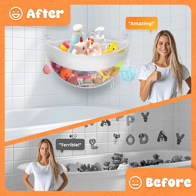 Bath Toy Storage Corner Wall Mounted, 4.32 Gallons Bath Toy Holder, Bottom Zipper Mesh Bathtub Toys Storage Organizer Bag, Quick Access Baby Shower Caddy Quick Dry Bathtub Toys Holder Accessory