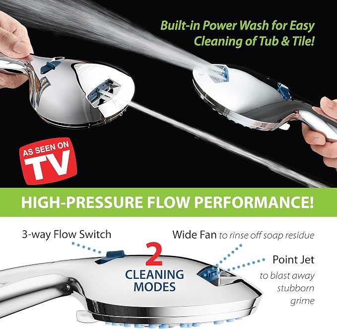 Hotel Spa AquaCare for California As-Seen-On-TV High Pressure Handheld Rain 50-Mode 3-Way Shower Head Combo, Anti-clog Jets, 2-Mode Tub & Pet Power Wash, Wall Bracket, 6 ft. Hose