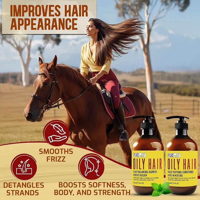 Oily Hair Shampoo and Conditioner Set - Sulfate Free Moisturizing Cleanse for Oily, Flaky Scalps - Fights Dandruff and Itchiness - Salon Professional Formula - For Men and Women - 16 Fl Oz (Set of 2)