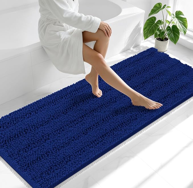 Smiry Thick Chenille Bathroom Runner Rugs 70x24, Absorbent Striped Bath Mat, Machine Washable, Rubber Backing, Extra Long Bath Rugs for Tub & Shower, Modern Home Decor Accessories, Navy