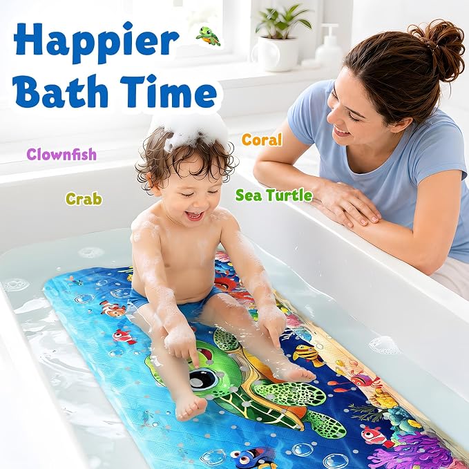 XIYUNTE Baby Bath Mat for Tub Non Slip Kids Bath Mat - 40''x16'' Extra Long Cartoon Turtle Baby Bath Tub Mat Eco-Friendly Toddler Bath Mats with Suction Cups & Drain Holes, Easy to Clean & Easy Drying