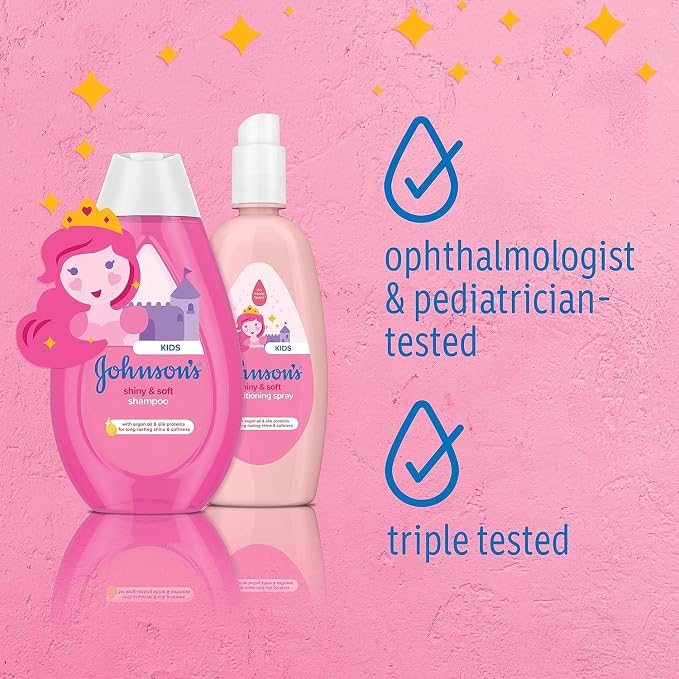 Bundle of Johnson's Kids Shiny & Soft Tear-Free Kids' Shampoo with Argan Oil & Silk Proteins, Hypoallergenic, Sulfate-Free, 13.6 fl. oz + Conditioning Spray for Toddler Haircare, 10 fl. oz