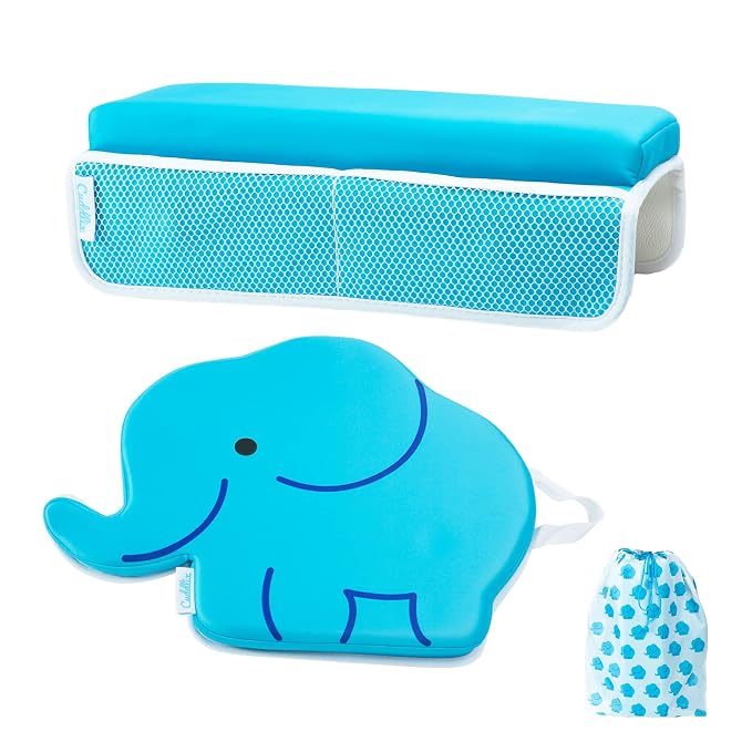 Cuddlix Baby Kneeler and Elbow Rest Pad Set for Baby Bathing Parents, Extra Thick Soft Mat with Organizer Pockets - Painless Kneeling Quick Drying Non-Slip for Newborn, Baby Blue