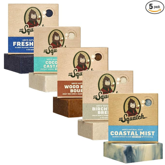 Dr. Squatch Natural Men’s Bar Soap - Cold Process Body Soap Bar with Natural Oils - Gifts for Men - Coconut Castaway, Wood Barrel Bourbon, Fresh Falls, Birchwood Breeze & Coastal Mist (5 oz, 5-Pack)