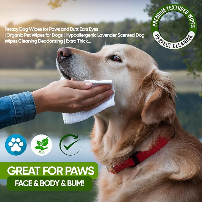 Petazy Pet Wipes for Dogs and Cats – 100 Count (8x8in) Hypoallergenic, Deodorizing Dog Wipes for Paws, Ears and Butt | XL with Aloe & Coconut Oil, Unscented | Travel Size, Single On-the-Go Pack