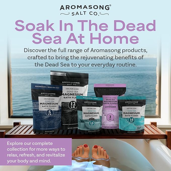 Aromasong RAW Magnesium Bath Flakes with 100% Natural Lavender, 3 LB Muscle Relaxing Organic Salts Mg Chloride, Mineral Soak. (Packaging May Vary)
