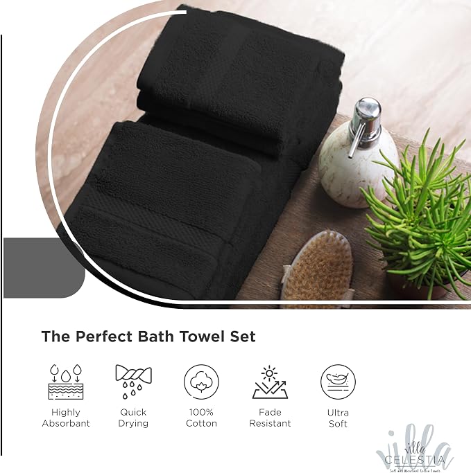 12-Piece 100% Cotton Towel Set, 4 Bath Towels, 4 Hand Towels, 4 Wash Cloth, Quick-Dry, Black