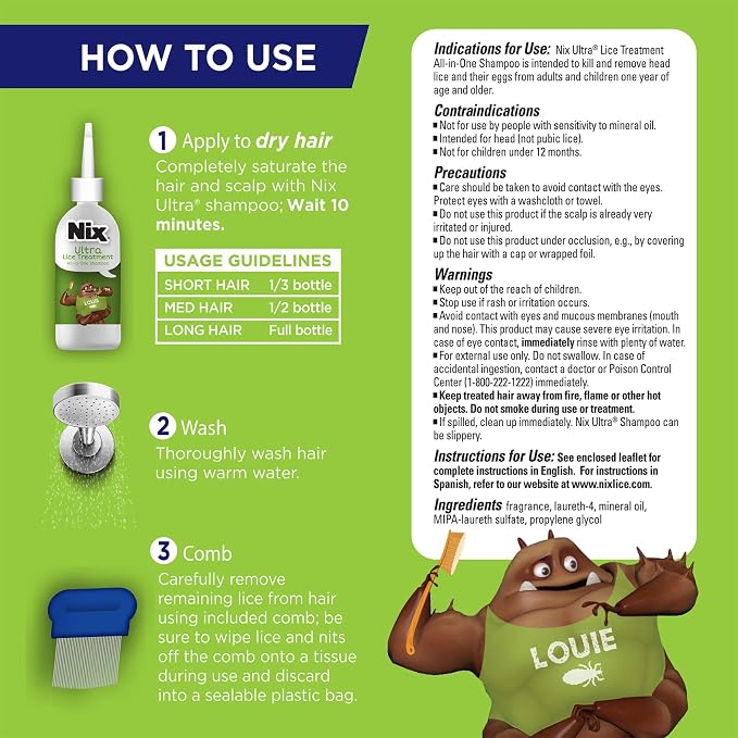 Nix Ultra Superlice Treatment, All-in-One Shampoo, 4 Fl Oz & Lice Removal Comb