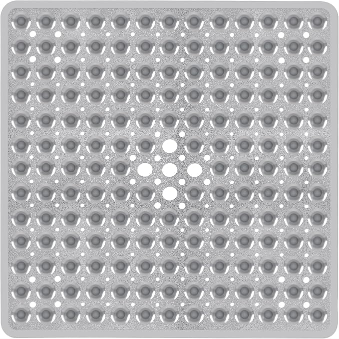 Square Shower Bathtub Mat Non Slip for Inside Shower Clear Grey 21x21 Inch, Shower Stall Mats for Bathroom Floor, Soft Bath Mat for Tub with Big Suction Cups Drain Holes, Easy Washable Dry