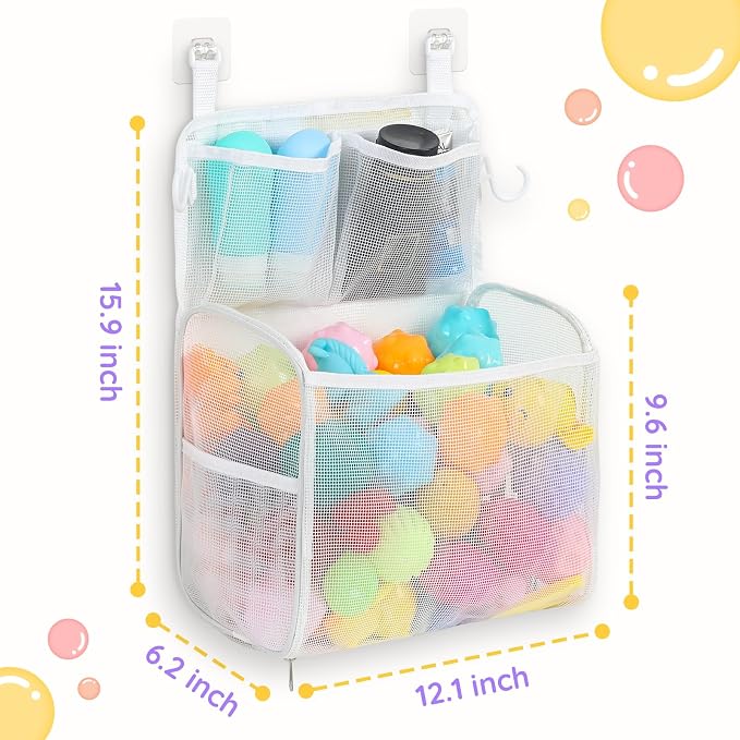 Goowin Bath Toy Storage Holder, Large Openings Bath Toy Organizer, Large Capacity Mesh Bathtub Toy Storage, Multi Use Bath Tub Toy Holder for Bathroom (White)
