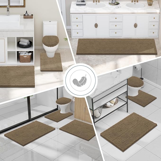 Smiry Luxury Chenille Toilet Rugs U-Shaped 24x20, Soft Absorbent Non-Slip Contour Bathroom Rugs for Toilet, Machine Washable Contoured Bath Mats, Camel
