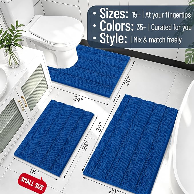 Smiry Thick Chenille Bathroom Rugs 30x20, Extra Absorbent Striped Bath Mat, Machine Washable, Rubber Backing, Bath Rugs for Bathroom, Tub & Shower, Home Decor Accessories, Deep Navy Blue