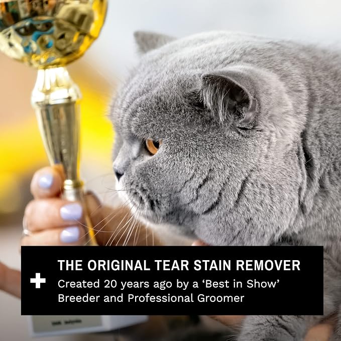 Eye Envy Cat Tear Stain Remover Starter Kit with ProPowder Brush. Stain Solution, Applicator Pads, Stain Powder, and Small Applicator Brush. Tear Stain Cleaning Kit. Lasts 30-45 Days. Made in USA.