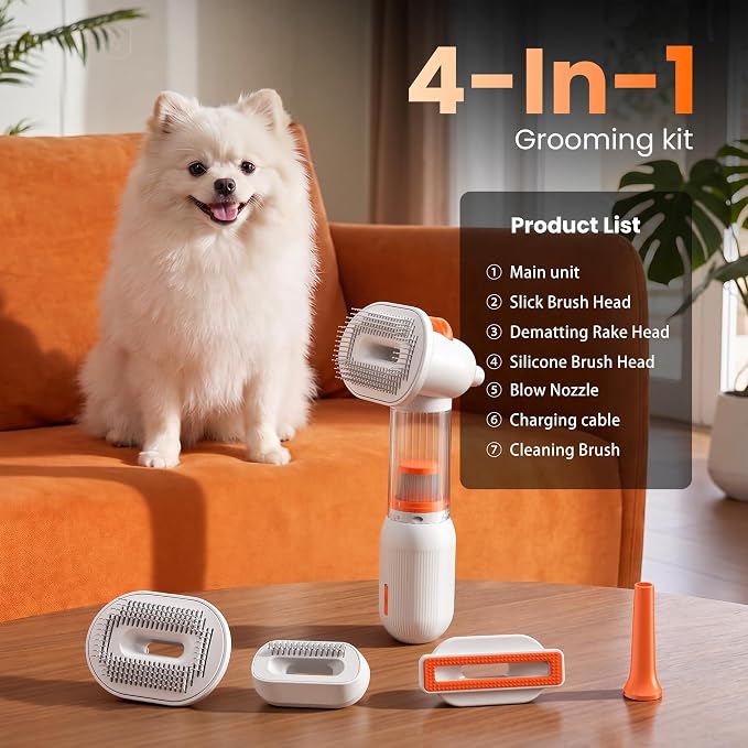 PAPMINI Premium Vacuum Dog Brush for Shedding, 4-in-1 Self-Cleaning Grooming Brush with Built-in Hair Collection, Undercoat Rake & Professional Deshedding Tool for Short & Medium Hair Dogs
