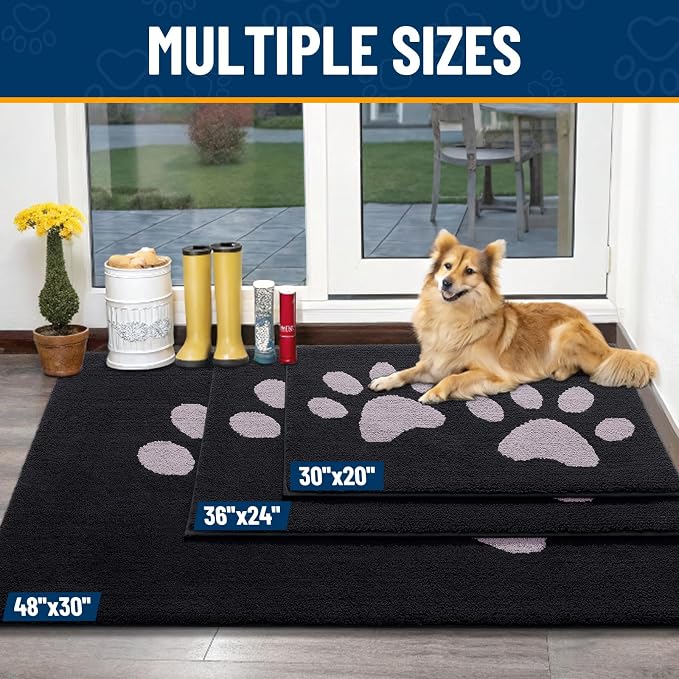 Smiry Dog Door Mat for Muddy Paws, Absorbs Moisture and Dirt, Low-Profile Entryway Mat with Non-Slip Backing, Entry Indoor Outdoor Doormat for Inside Floor (40x32 Inches, Black and Grey, Paw