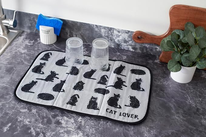 Primitives by Kathy Decorative Kitchen Drying Mat, Full Color Design, ultra-absorbent fun pattern of various cats/cat-themed sentiment "Cat Lover"/Pet Collection/dish mat pad kitchen accessory