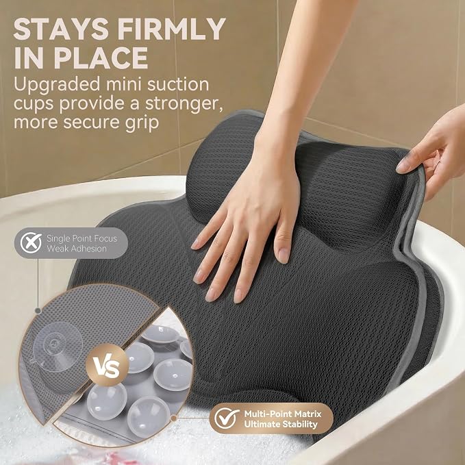 Bath Pillows for Tub, Luxury Bathtub Pillow Neck, Head, Back Support, Soft 5D Mesh Fabric and Non-Slip Suction Cups & Quick Dry, Fits All Tubs, Bath Soaking Accessories Spa Gifts, Grey