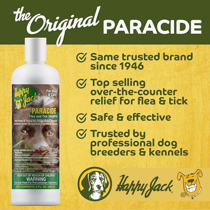 Happy Jack Paracide Flea & Tick Shampoo for Dogs & Cats, 8 oz | Medicated Treatment, Kills Fleas, Ticks & Mites on Contact, 30-Day Prevention, Deep Coat & Skin Protection, Sensitive Pets