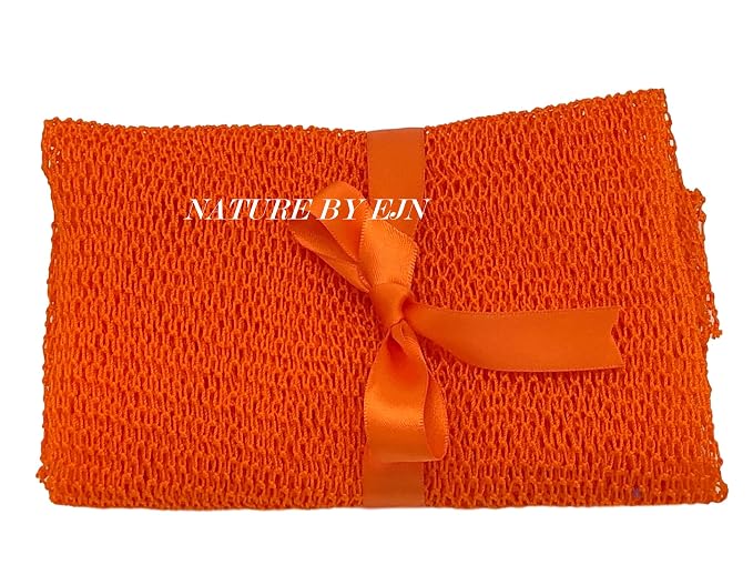 Net Bath Sponge, Ghana N1 Weave, Long, Skin Exfoliation, African, Porous, Stretches Horizontally to Approximately 49" (Orange).