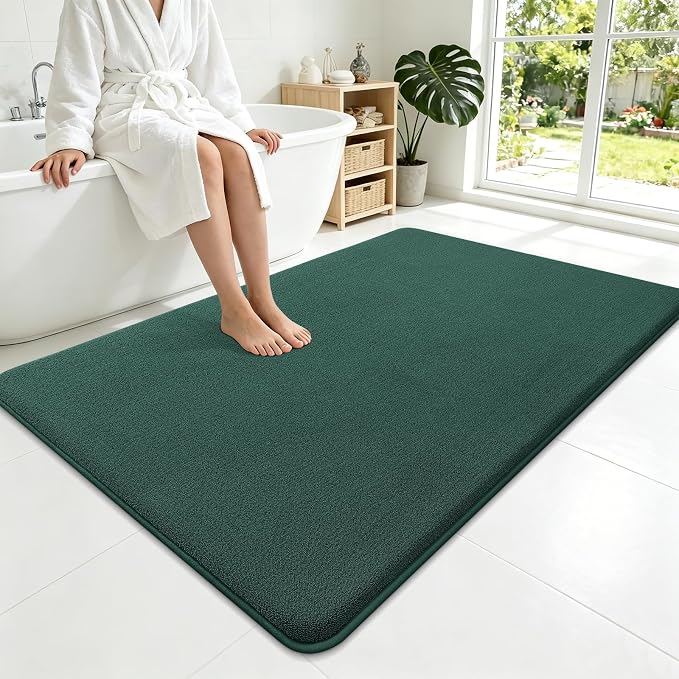 Smiry Memory Foam Bath Mat 59x35, Extra Soft Bathroom Rug, Ultra Absorbent, Quick Dry, Machine Washable Bathroom Mat for Shower, Tub & Floor Decor, Green