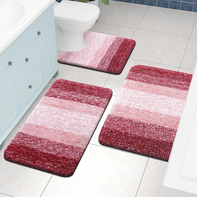 Arotive Microfiber Bathroom Rugs, Shaggy Soft and Absorbent Contour Toilet Rugs, Thick Plush Machine Washable Dry Bath Mats for Toilet Base, 24x20, Burgundy, U-Shape