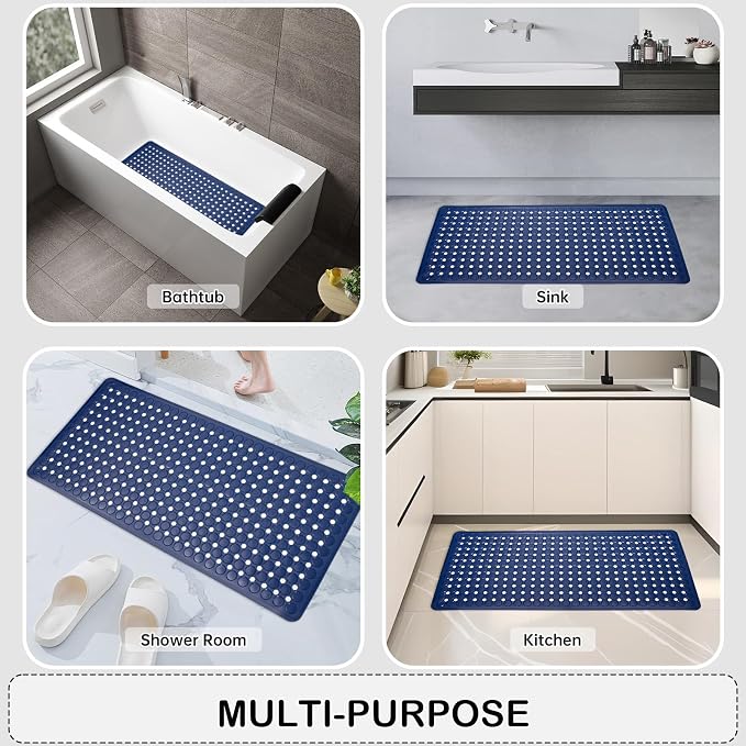 Non-Slip Bathtub and Shower Mats, Power Grip Bath Mat 35 x 16.3 Inch with Suction Cups and Drain Holes for Tub Bathroom Floor Safety, Machine Washable Soft Bathmat, Navy Blue
