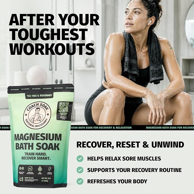 Coach Soak Recovery Bath Soak - Alternative to Epsom Salt Bath Soak - Fast-Absorbing Pure Magnesium Flakes & Dead Sea Salt with 21 Minerals, Bath Salts & Essential Oils - 3 lb, Tea Tree & Rosemary