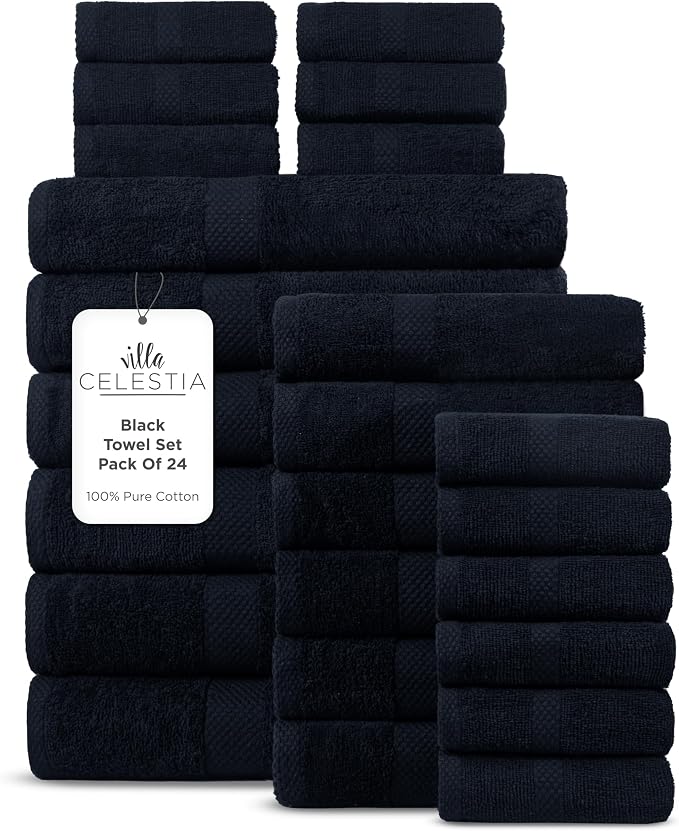 24-Piece 100% Cotton Towel Set, 6 Bath Towels, 6 Hand Towels, 12 Wash Cloth, Quick-Dry, Black