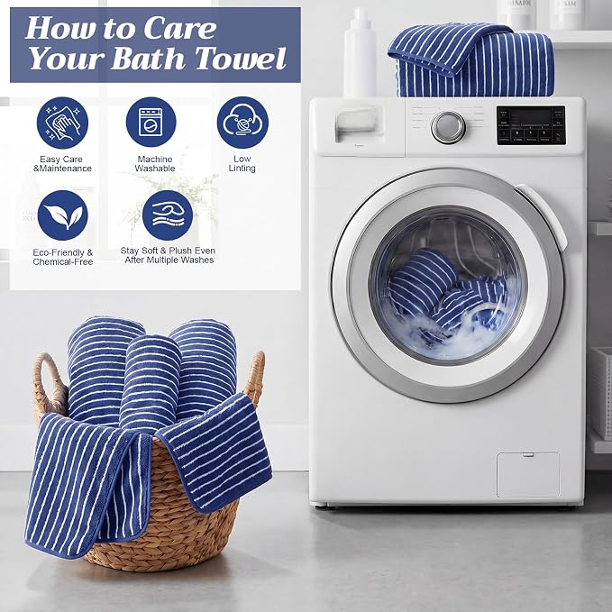 8 Pcs Oversized Bath Towels Set for Adults 40 x 80 Inches Extra Large Blue & White Striped Beach Towels Sheets Pool Shower Quick Jumbo Dry Absorbent Soft Microfiber for Hotel Bathroom