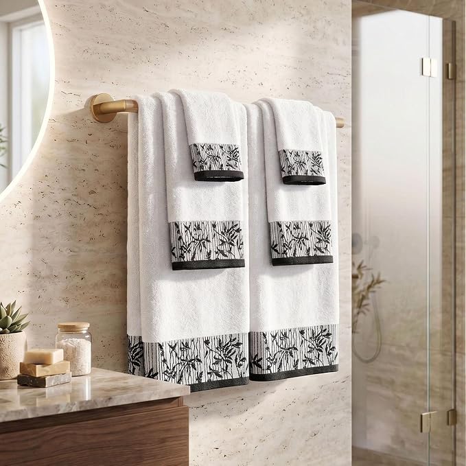 Superior Floral Jaquard Cotton Bathroom Towels, 6pc Towel Set, White/Black | Soft Absorbent Quick Dry Terry Weave, Hotel Quality, Wisteria Towels Includes 2 Bath Towels, 2 Hand Towels, 2 Washcloths