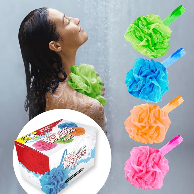 4 Pack Muti Color Bath Loofah Sponge 60g Shower Mesh Ball - Exfoliating Body Scrubber for Men & Women - Durable Shower Puff Bath Loofa for Soothe Skin Accessories - Soft Body Scrub Lufas for Women